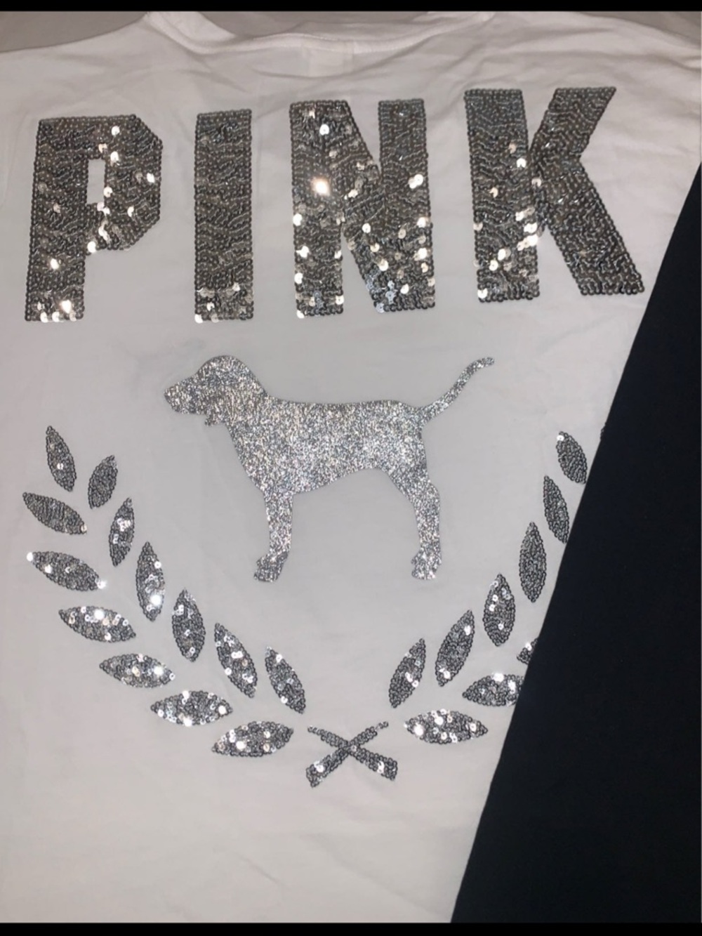 PINK Victoria's Secret White Sequin Logo Tee & Black Logo Leggings Set L/XL - Picture 2 of 5